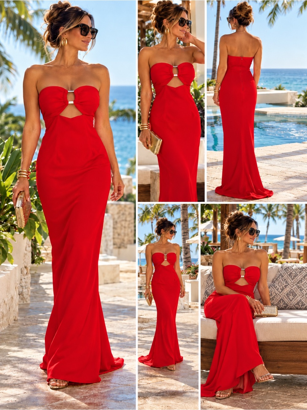 Runaway The Label Red Strapless Cutout Maxi Dress Size L Resort Evening Gown